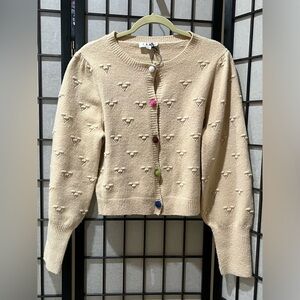 T H M L Textured Cream Knit CROP Sweater WITH COLORFUL BALL BUTTONS SIZE M